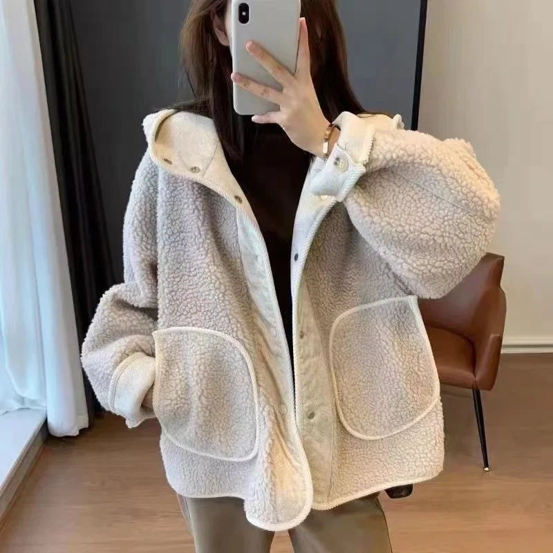 Jacket Woman 2023 Autumn Winter New Hooded Plush Jacket Loose Casual Lamb Wool Women's Coat Street Fashion Long Sleeve Tops Coat autumn multi pocket spliced jeans men s embroidery scratched high elastic leg pants worn 3d wool zipper slim fit gradient street