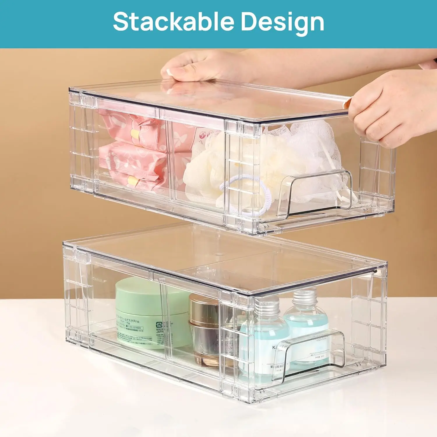 6 Pack Stackable Storage Drawers,Clear Acrylic Drawer Organizers with Handles, Easily Assemble Containers for Fridge 4