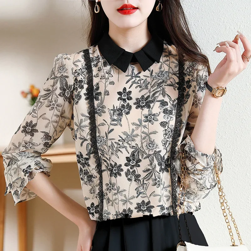 Ruffled Loose Blouses for Women Elegant Women's Tee Shirt Ladies Tops Design Sense Flower Color Foreign Fashion 2024