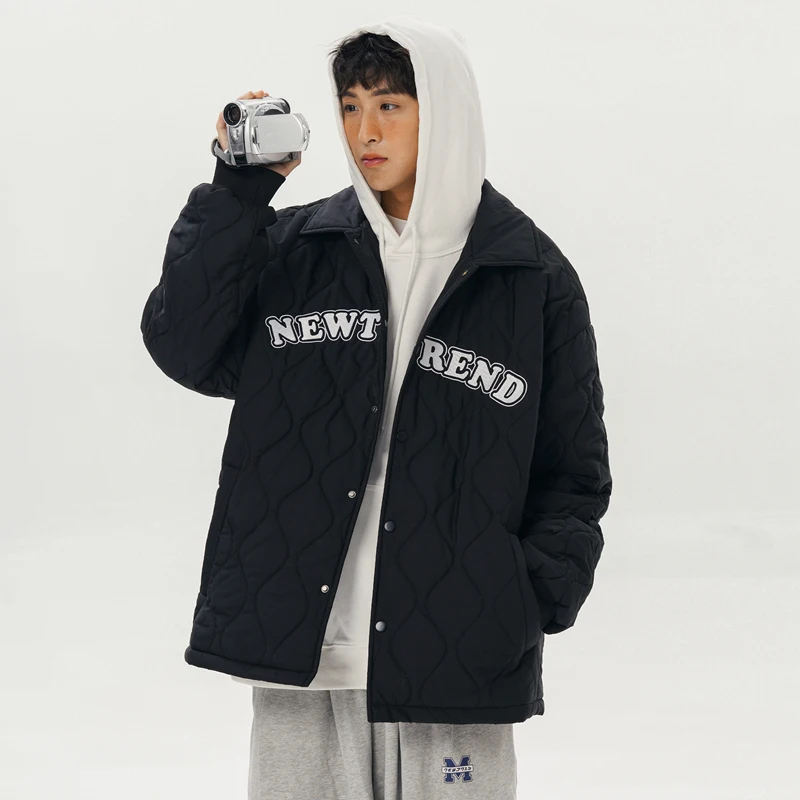 Street Style Men Winter Baseball Clothes Letter Embroidered Lapel Jacket  Fashion Parkas Cotton-Padded Jacket Unisex Thick Warm