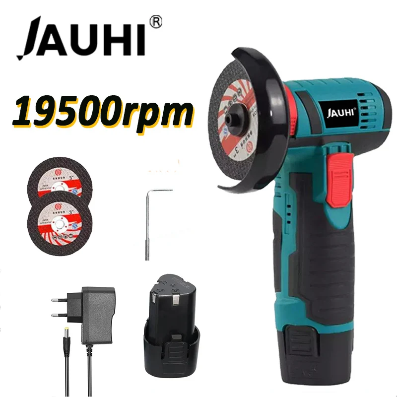 JAUHI 12V 19500 Mini Angle Grinder with Rechargeable Cordless Polishing Machine Diamond Cutting with 2 Cutting Disc Power Tools