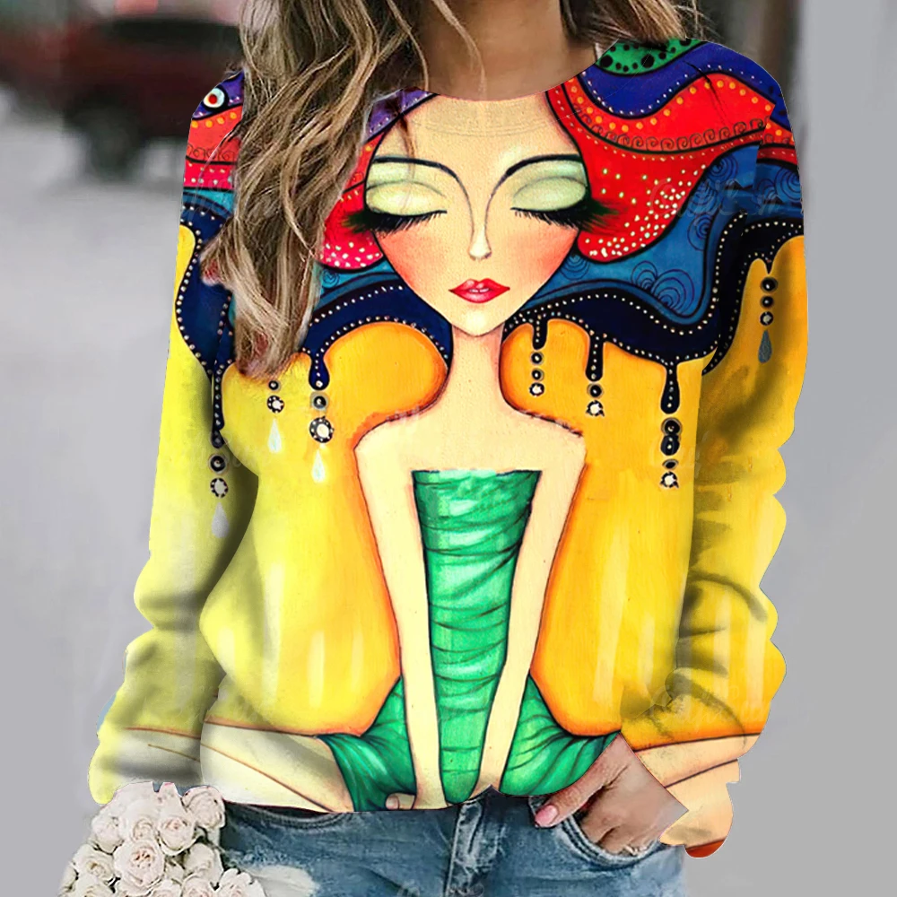

Women's round neck thin pullover with 3D beauty portrait elements printed street style sports shirt, new women's design top
