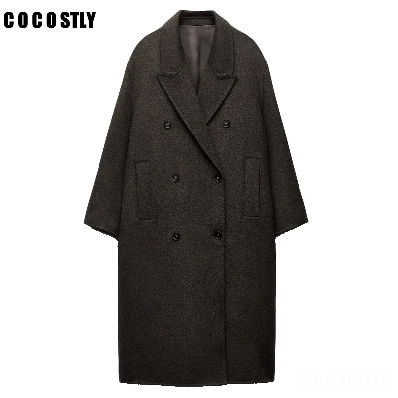 

Cocostly 2024 Spring Women Vintage Double Breasted Lapel Woolen Overcoat Office Lady Casual Mid Length Wool Coat Female Outwear