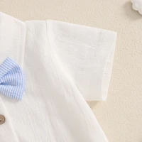 Tenue d'été pour bébé garçon, chemise à manches courtes, col à revers, barboteuse + Short à bretelles à rayures + nœud papillon pour nouveau-né 4