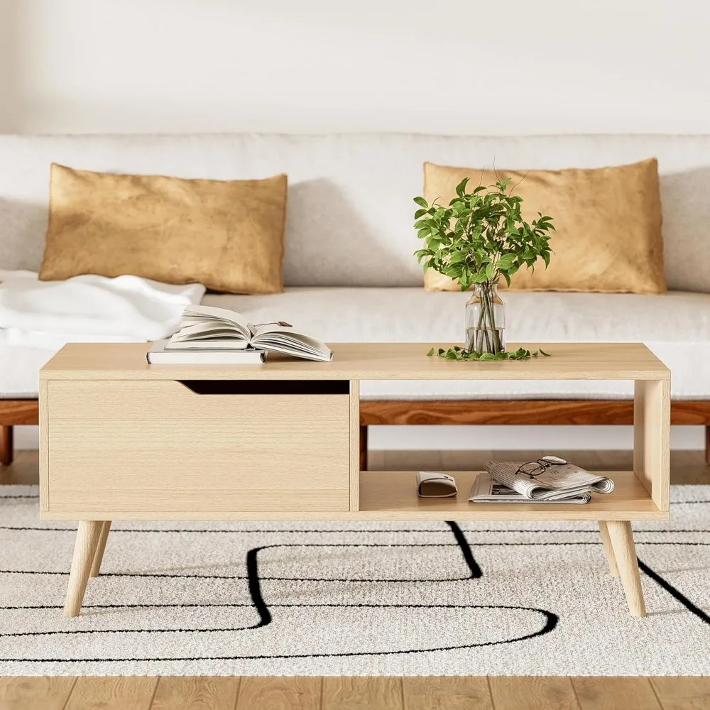 Oak Coffee Table, Mid Century Modern Coffee Table with Drawer & Shelf, 39'' Wooden Simple Console Table for Living Room 3