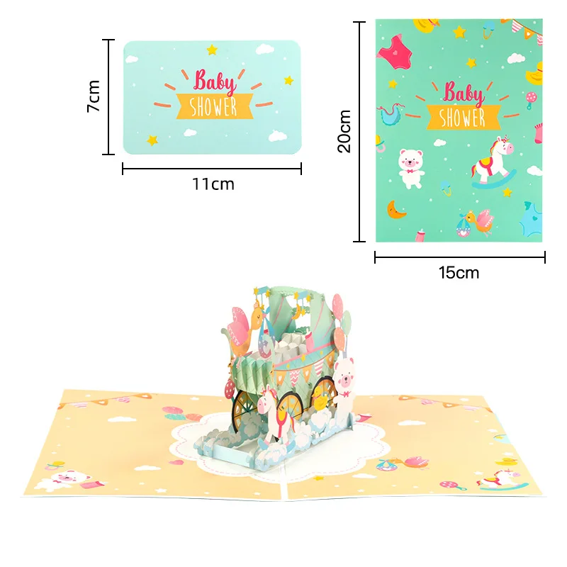 3D Pop Up Baby Shower Greeting Cards Birthday Thanks Card Cartoon Postcard Handmade Holidy Wishes Gifts To Baby Or Friend