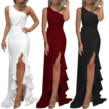 Sexy One Shoulder Prom Dresses Ladies Ruched Ruffle Formal Evening Dress Slim Bodycon White Formal Dress Women's Prom Dresses 2