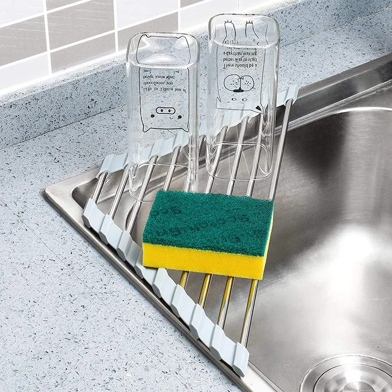 Triangle Dish Drying Rack For Sink Corner Roll Up Sponge Holder Rack