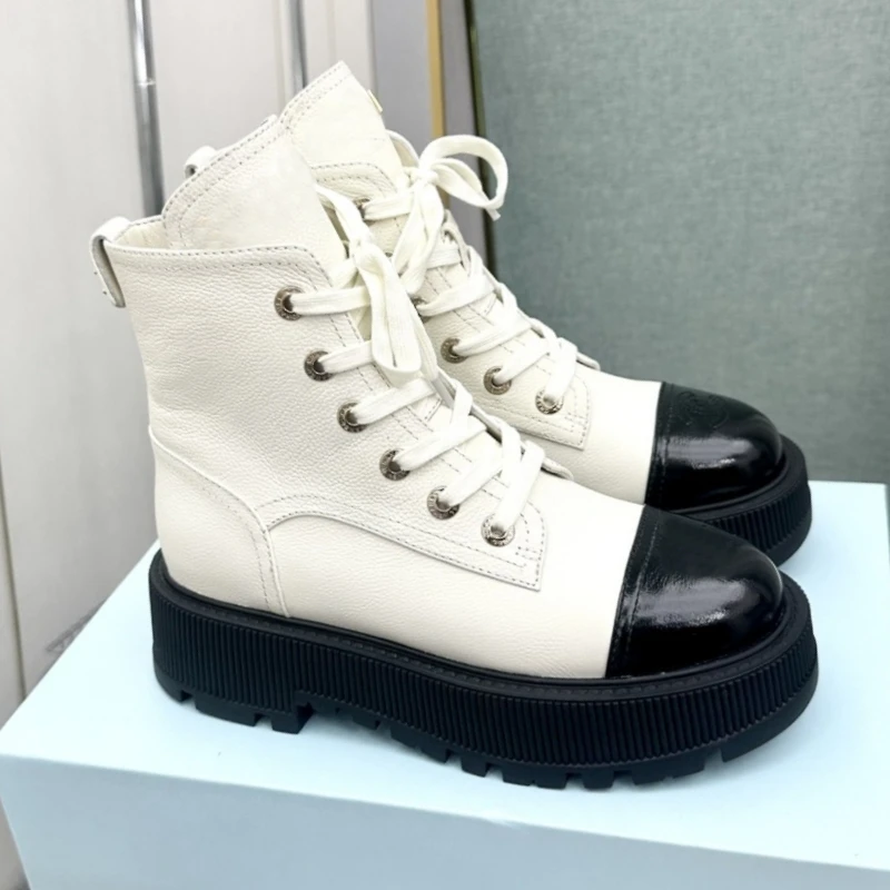 

Black White Splice Botas Metal Leather Ankle Boots Front Strappy Round Toe Women Shoes Thick Bottom Zapatos Para Mujeres Winter