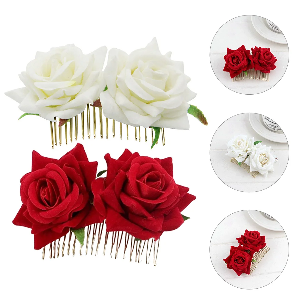 2 Pcs Rose Hair Comb Headdress Fabric Flower Bride Pins Hairpin Wedding Metal Claw Clips