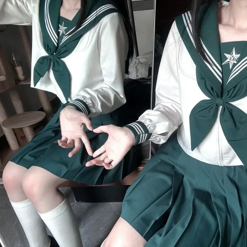 New Japanese School Uniform Suit Sailor JK Basic Cartoon Girl Navy Sailor Uniform Green Sets Navy Costume Women Girl Costume