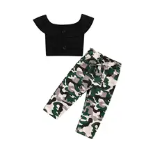 

Baby Girls Clothing T-shirts Trousers Suit Solid Color Sleeveless Off-the-shoulder Cropped Tops and Camouflage Pants Casual Set