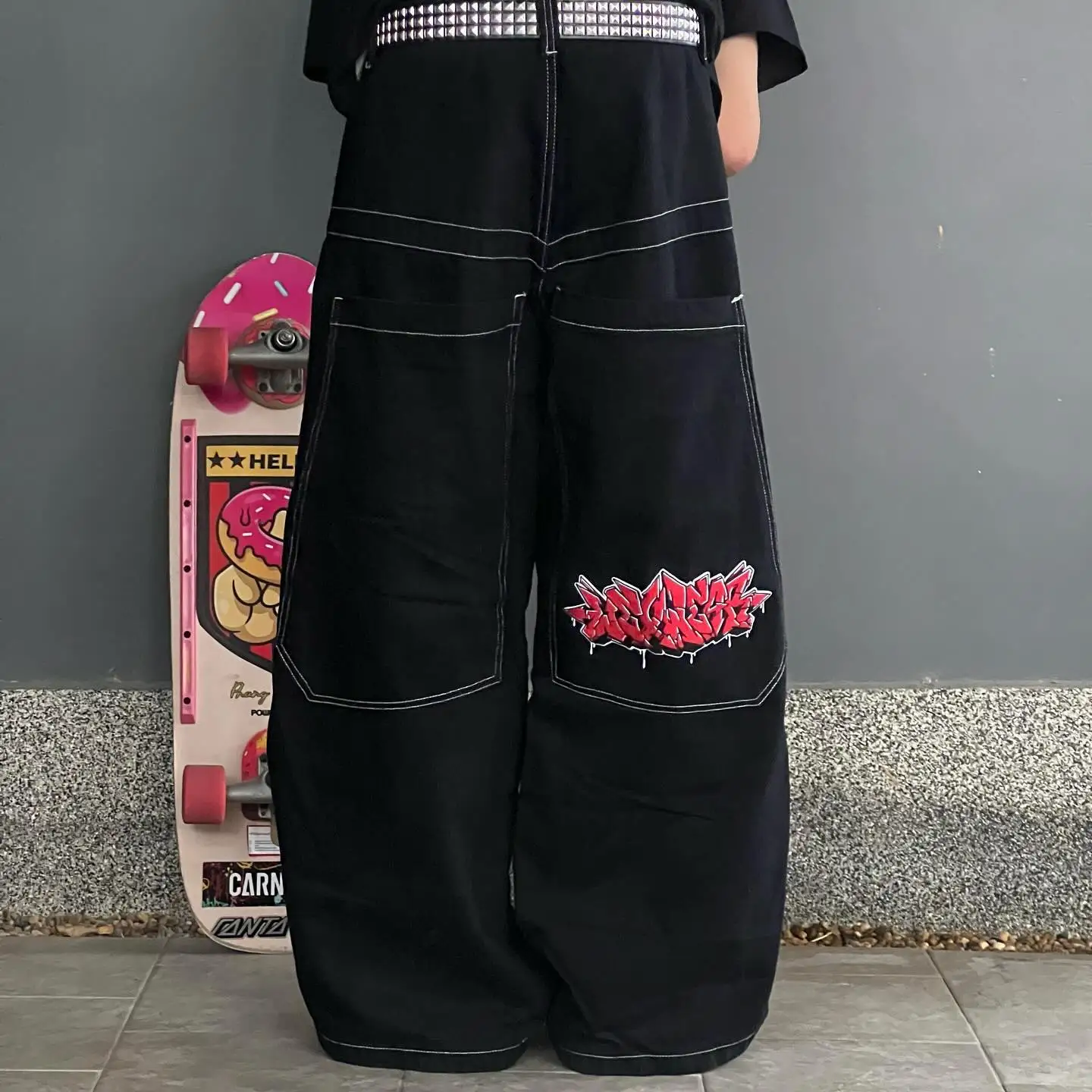 Hip Hop Retro Graphic Embroidered Baggy Jeans Streetwear Y2K Jeans Men Women Gothic High Waist Wide Trouser Harajuku Black Pants