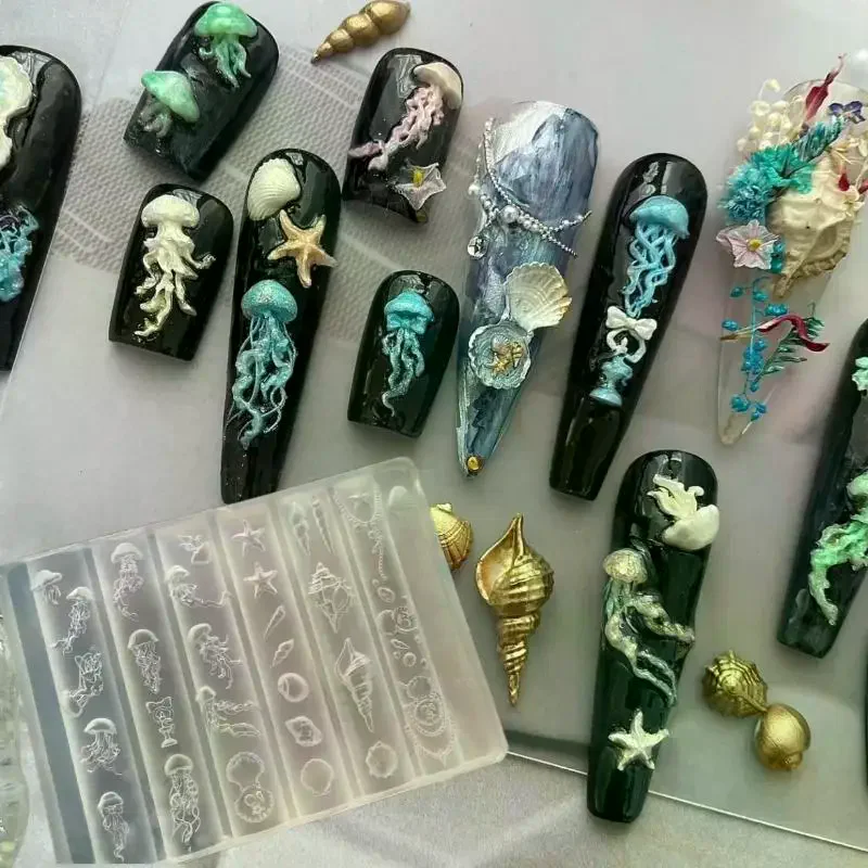 1pc Ocean Series 3D Silicone Nail Mold Jellyfish Starfish Carving Templates, DIY Manicure Design Tool for UV Gel Nail Art Decor
