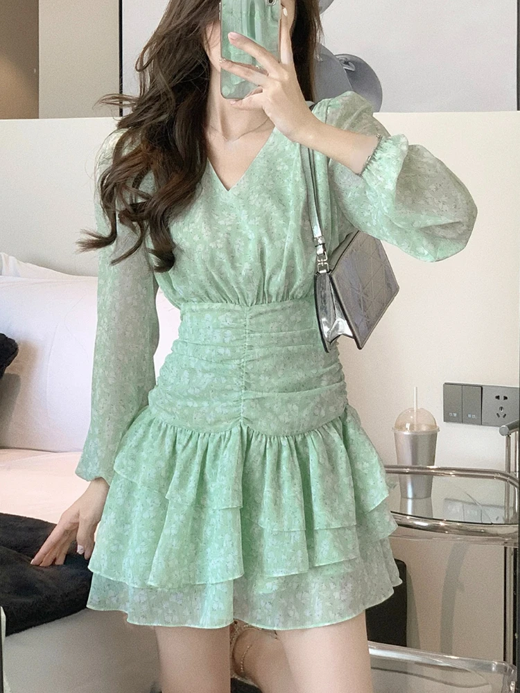 

Женское Повседневное платье с длинным рукавом, зеленое элегантное офисное платье мини Y2k с V-образным вырезом, слитное платье в Корейском стиле, новинка на лето
