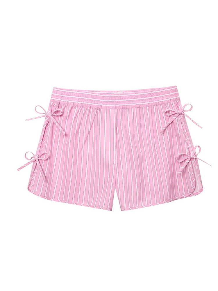 TFMLN Women Summer Shorts Outfits Loose Casual Bow Tie Front Striped Sleeveless V Neck Tops + Wide Leg Shorts 2 Pcs Pink Set