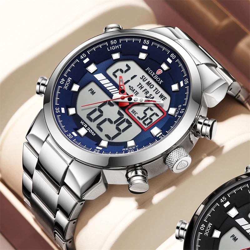 Top brand FOXBOX Casual Quartz Watch Men Stainless Steel Men Army Military Led Clock Male Waterproof Watches relogio masculino