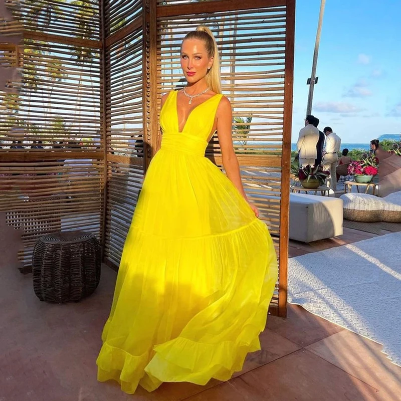 

Light Yellow A-line Evening Dresses 2023 V-neck Robe De Soirée Floor Lenght Prom Dress Sexy Sleeveless Tulle فستان سهرة