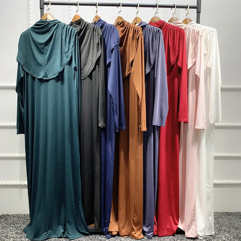 Ramadan One Piece Prayer Abaya Hooded Dress Kaftan Muslim Women Robe Hijab Dress Robe Solid Color Islam Dubai Turkey Clothes