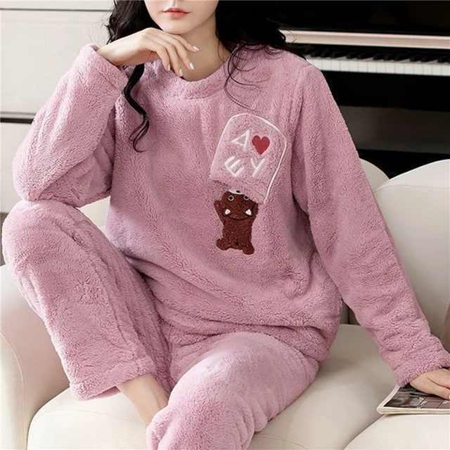 Pijamas de franela de conejo y vaca para mujer, ropa de dormir cálida de manga con dibujos de animales, Coral, Invierno _ - AliExpress Mobile