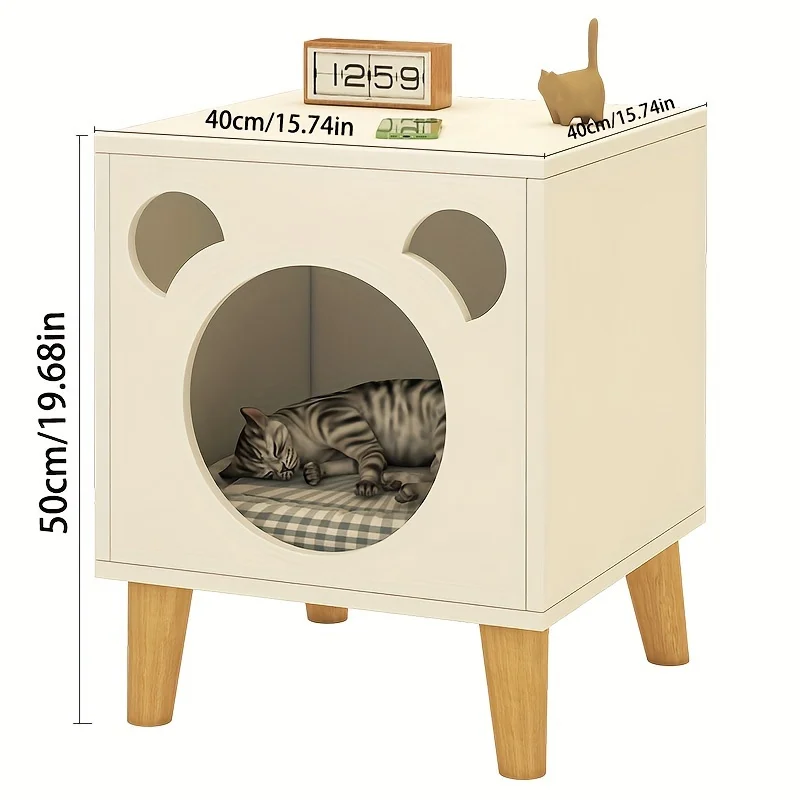 1pc Wooden Cat House, Sturdy Cat Furniture Bedside Table, Elevated Cat Sleeping Cave Nest For Indoor Cats Kittens