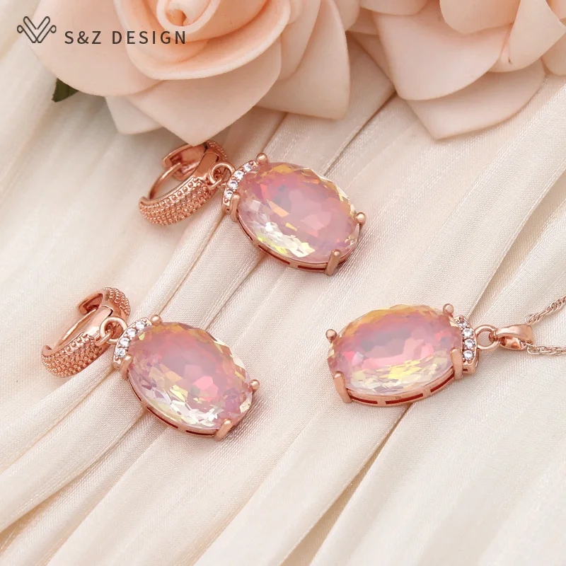 S&Z DESIGN New Fashion Egg Shape Oval Crystal Dangle Earrings Jewelry Sets For Women 585 Rose Gold Color Wedding Necklace Gift