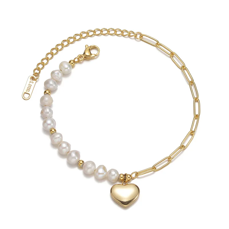 

Women Girls Bracelet Lover Heart Valentine Gift Imitated Pearl Gold Color Bead Stainless Steel Chain Classic Wrist Jewelry