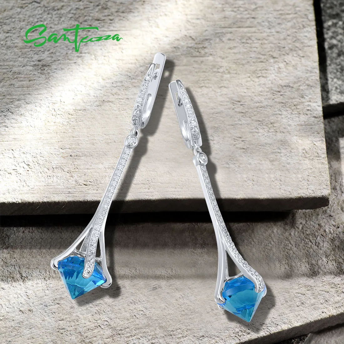 SANTUZZA 925 Sterling Silver Drop Earrings Round Blue Stone