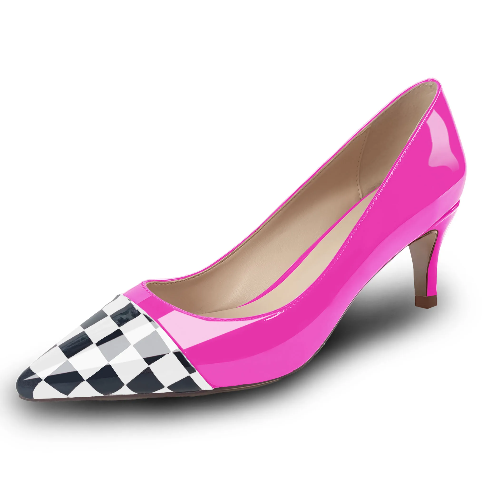 

Odernee Women's 5CM Patchwork Checkered Patent Leather Pointed Toe Slip On Kitten Low Heel Pumps Office Work Dress Shoes