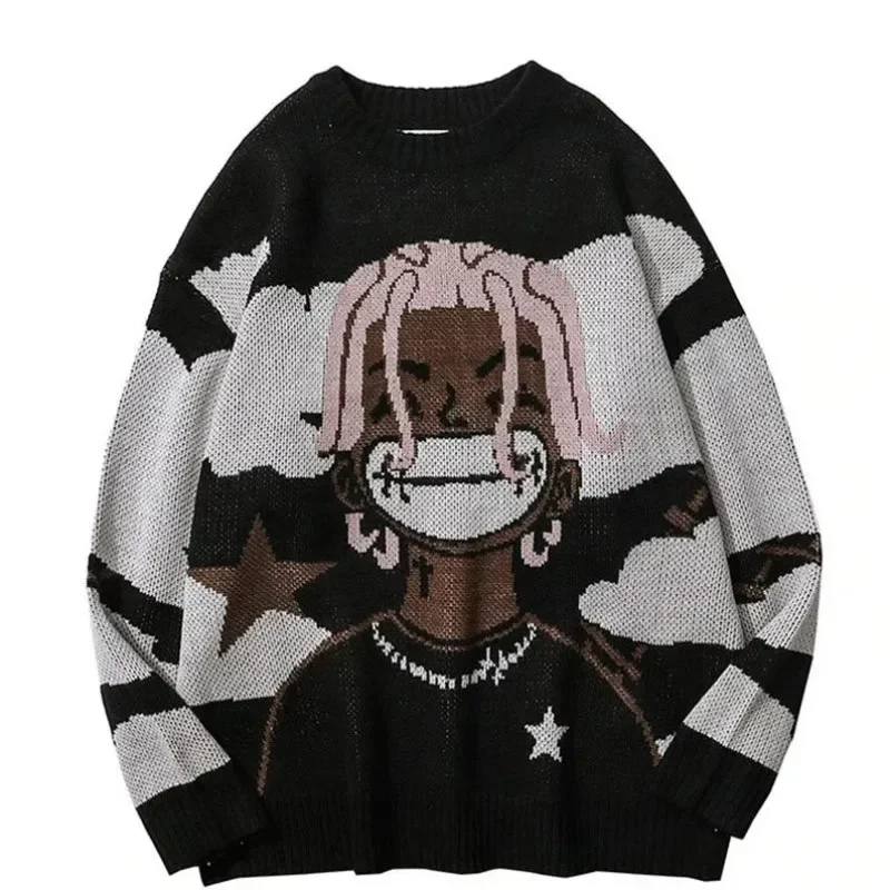 

Harajuku vintage cartoon anime knitted sweater men winter oversized men's rock hip hop rap pullover women jumper ugly sweater