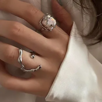 LATS Silver Color Creative Irregular Floral Pearl Rings Set for Women Geometric Metal Wave Opening