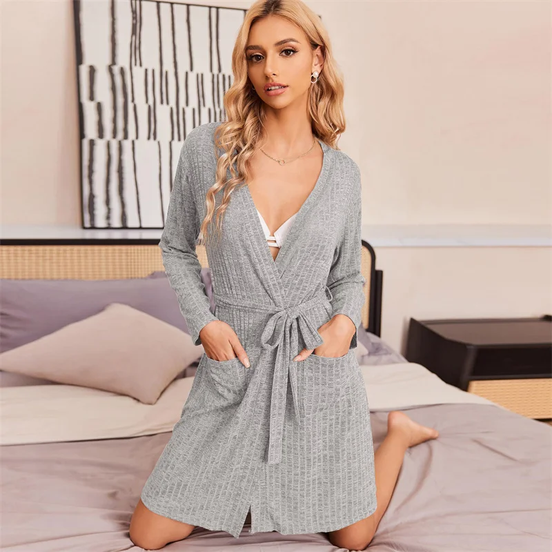 Women's Home Wear Sleeping Robe Knitted Stripe Bathrobe Pocket Knee Length Robes Spring Autumn Long Sleeve Bathrobe Female