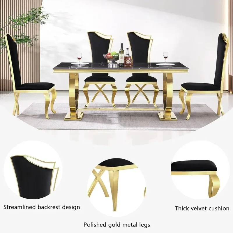 72 Inch Modern Dining Table Set with U-Base and 6 Black Velvet Upholstered Chairs