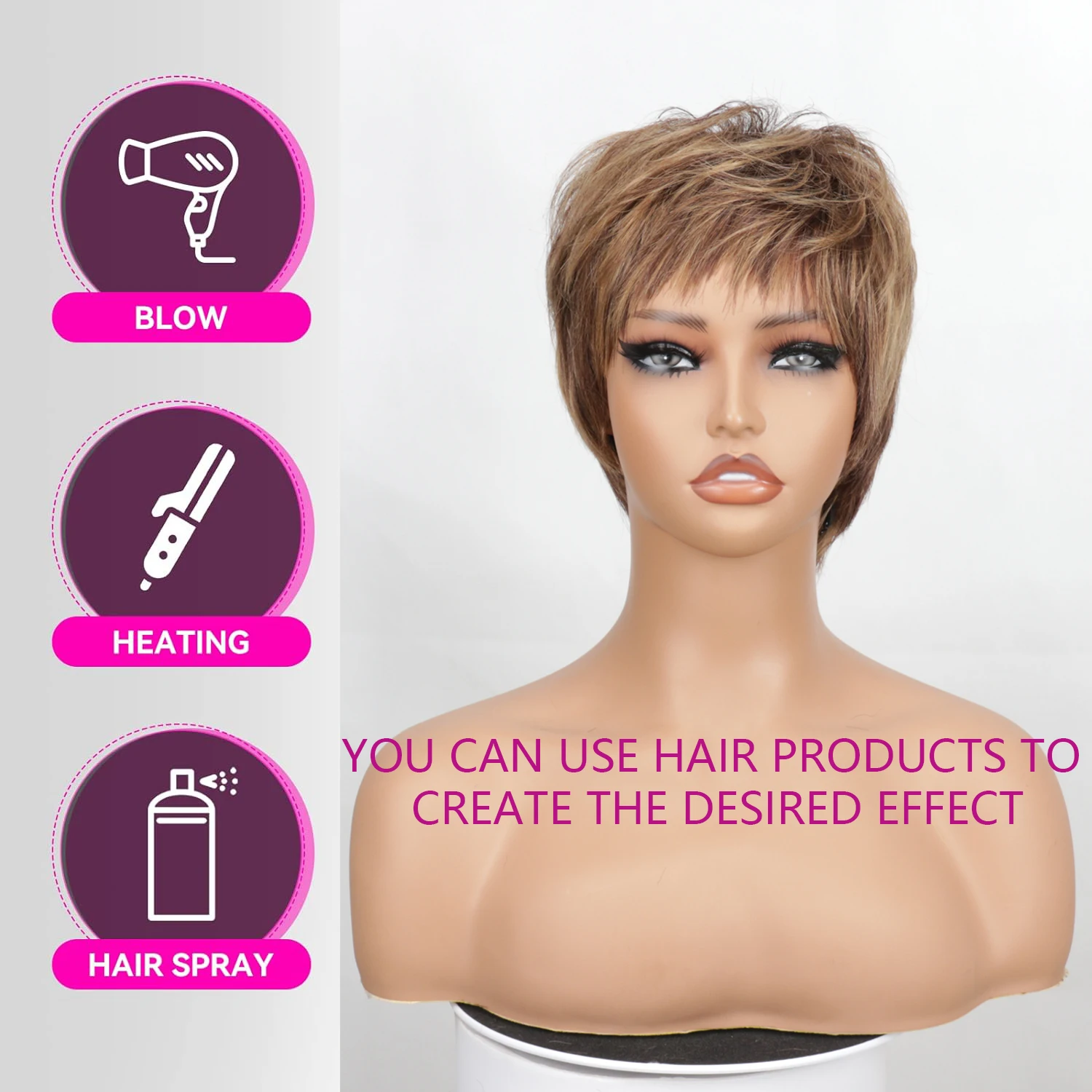 Human hair wigs Short Pixie Cut Wigs Full Machine Made Wig With Bangs Wavy Ready To Wear Wigs Straight Hair 100% Remy Human Hair For Women
