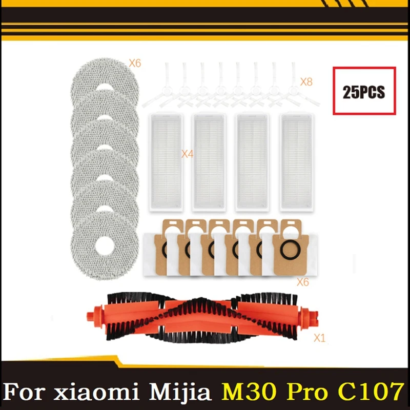 

25PCS For Xiaomi Mijia M30 Pro C107 Robot Vacuum Main Side Brush Mop Cloth Hepa Filter Dust Bag Spare Parts Accessories