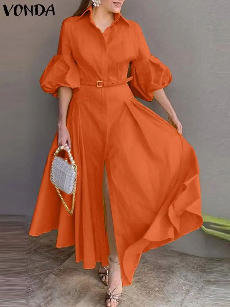 thumbnail image 1 of Plus Size 5XL VONDA 2024 Elegant Party Maxi Dress Fashion Women Lantern Sleeve Buttons Big Swing Sundress Casual Solid Robe, 1 of 5
