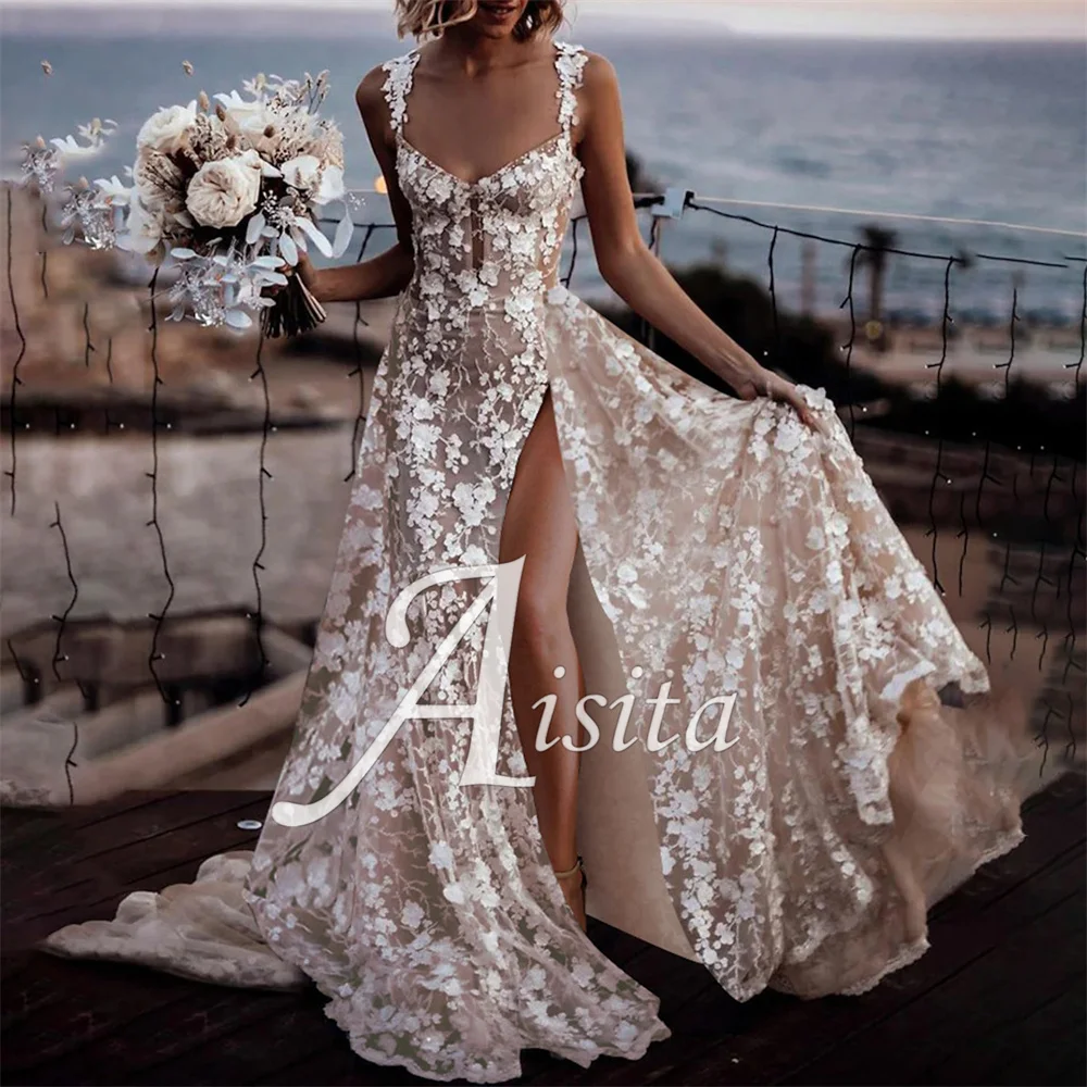 

Beach A-Line Wedding Dress Sweetheart Boho Court Train With Appliques Split Front Bride Dresses Wedding Dresses Vestidos Dresses