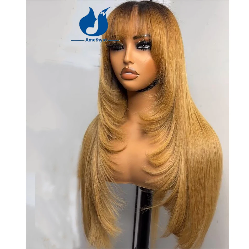 Amethyst Long Layered Cut 3/27 Blonde Human Hair Wig with Bangs Full Machine Wig Dark Root For Women Scalp Top Remy Brazilian