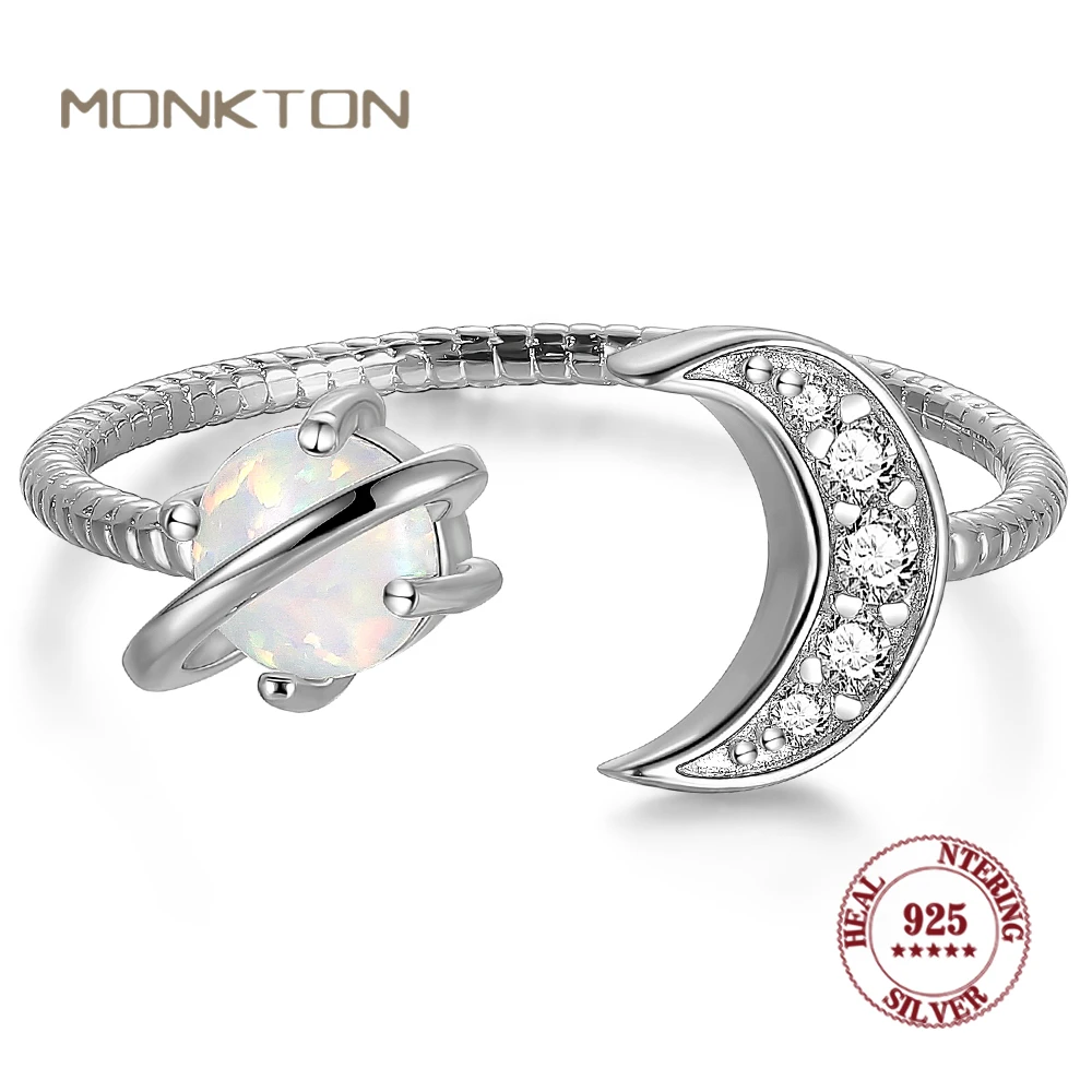 

Monkton S925 Sterling Silver Crescent Moon and Star Ring Synthetic Opal Open Ring Adjustable Ring Gift for Women Wedding Jewelry