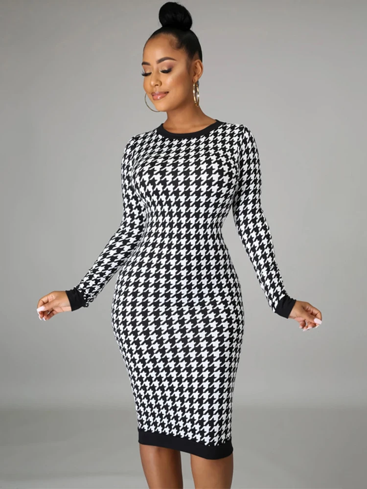 Gaun Midi Lengan Panjang Wanita Print 