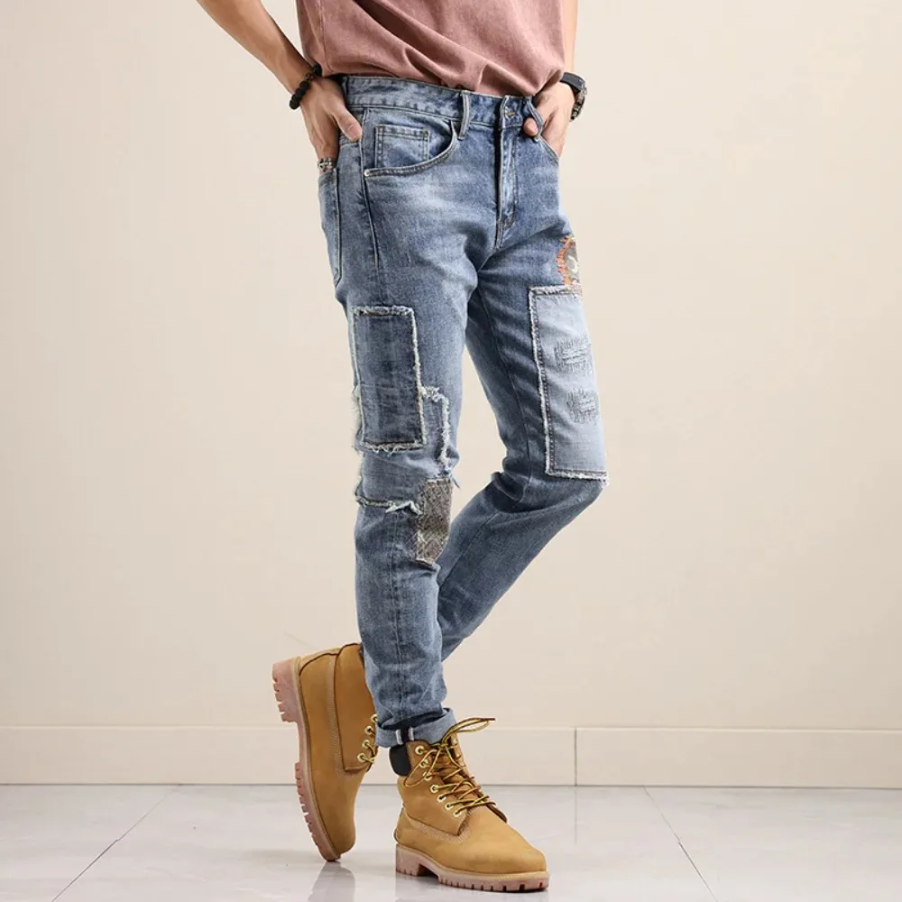 Jeans Men Fashion Splicing Streetwear Male Wear Ripped Hole Skinny Jeans Denim Trousers Cargo Pants y2k Streetwear Mens Trousers