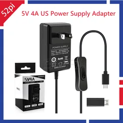 52Pi  Raspberry Pi 4 5V 4A Power Supply Adapter with Switch-on/off US/EU Plug Charger Cable Type-C for Raspberry Pi 4/Pi3B/3B+