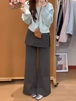 Plus Size ay Woolen Thiened Removable Wide Leg Pants Women's Fake Two-Piece High Waist Lazy Design Casual Pants Autumn Winter - Image 2