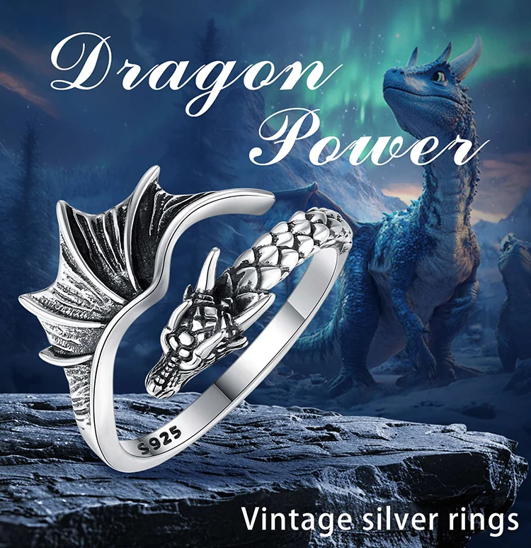 Eudora 925 Sterling Silver Dragon Adjustable Ring for Men Women Vintage Viking Dragon Open Ring Personality Jewelry Fine Gift