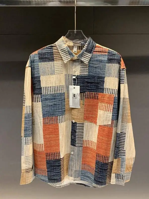 2025 Spring Summer New Sle Men's Long Sve irt Casual Plaid Color Blo Trendy Loose Fit Youthful Spring Autumn Wear