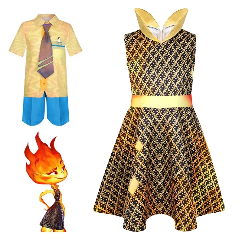 

Animated Movie Elemental Cosplay Costume Wate Elemental Fire Elemental Girls Dress Boys Shirt Set Halloween Carnival Party Suit