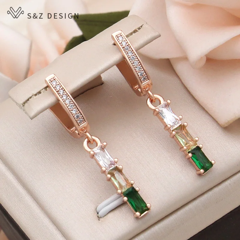 S&Z DESIGN New Fashion 585 Rose Gold Color Gradation Rectangle Cubic Zirconia Dangle Earrings For Women Simple Jewelry Gift
