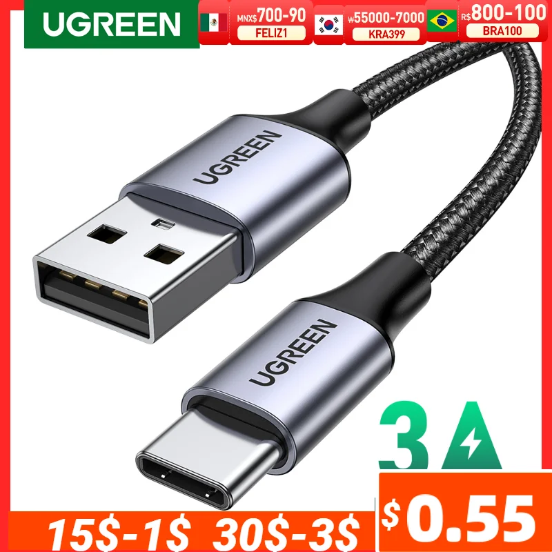 Кабель UGREEN 3 А USB Type C для iPhone 15 Xiaomi Realme Samsung S23, шнур для быстрой зарядки и передачи данных, зарядный кабель USB A-USB C, 3 А