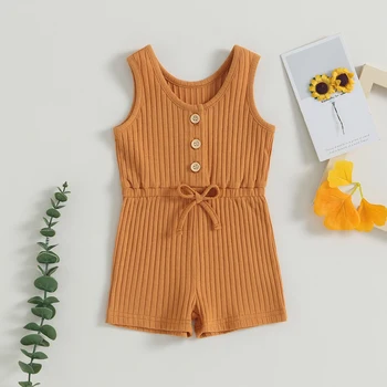 Summer Baby Girl Outfit Ribbed Tank Top Infant Baby Jumpsuit Button Down Toddler Girl Rompers Clothing 0-5T 5
