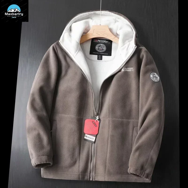 Winter Warm Men's Fleece Hooded Jacket Pockets Solid Color Casual Polar Jacket Cold-Proof Thickened Overcoat Plus Size Outwear